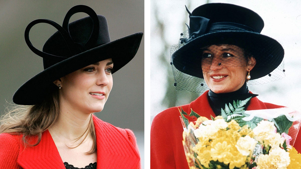 A side-by-side photo of Kate Middleton and Princess Diana wearing red coats and black hats