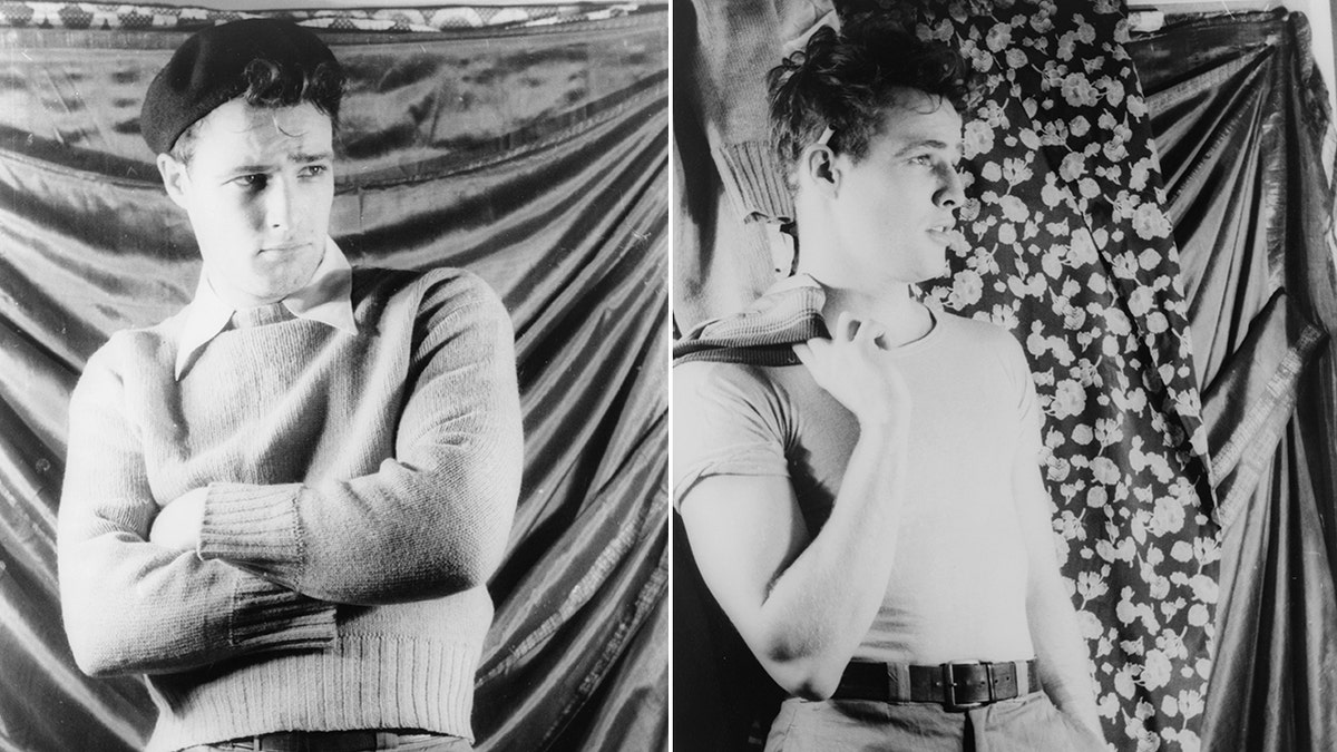 A side-by-side photo of a young Marlon Brando acting in front of a loose curtain