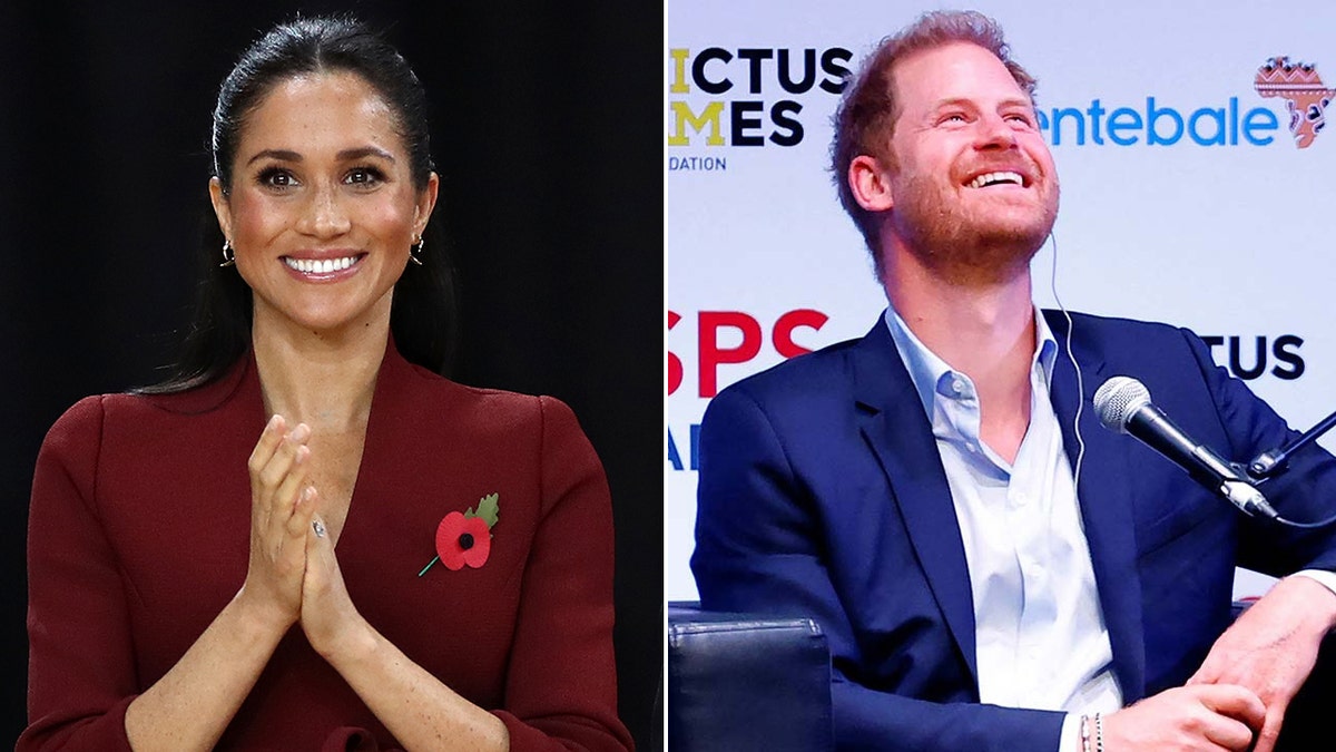 A side-by-side split photo of Meghan Markle and Prince Harry both smiling