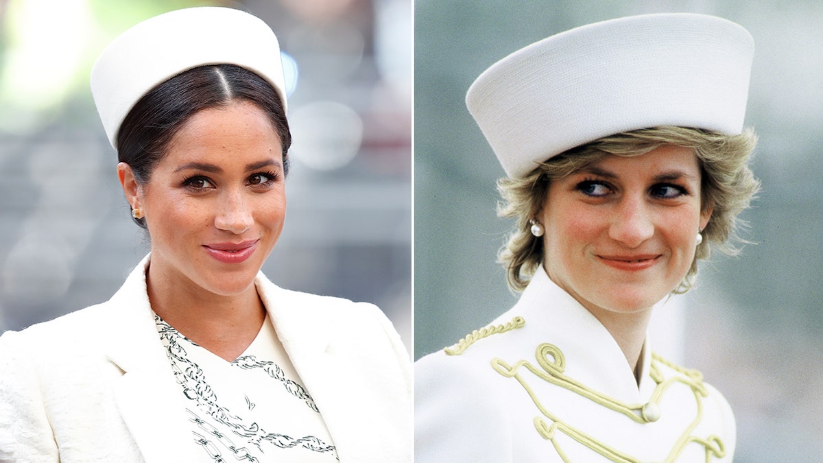 Side-by-side photos of Meghan Markle and Princess Diana wearing white suits and matching white hats