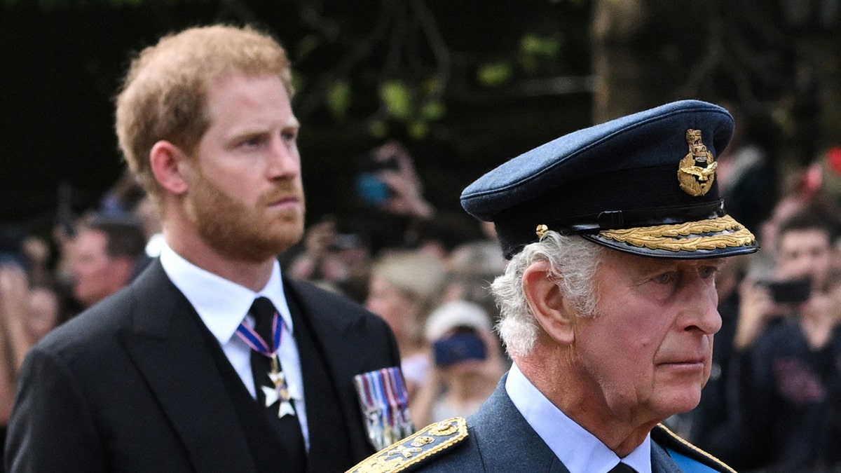 A close-up of a somber King Charles in his military uniform marching in front of Prince Harry wearing a suit with medals
