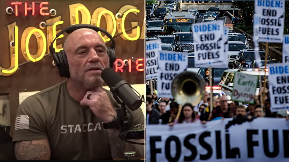 Joe Rogan and End Fossil Fuels protest signs
