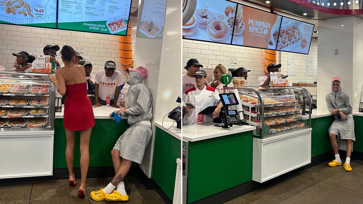 Justin Bieber leans against the counter at Krispy Kreme while Hailey Bieber speaks with employees, split Justin Bieber in a sweatshirt/sweatshorts and yellow crocs poses for a picture at Krispy Kreme
