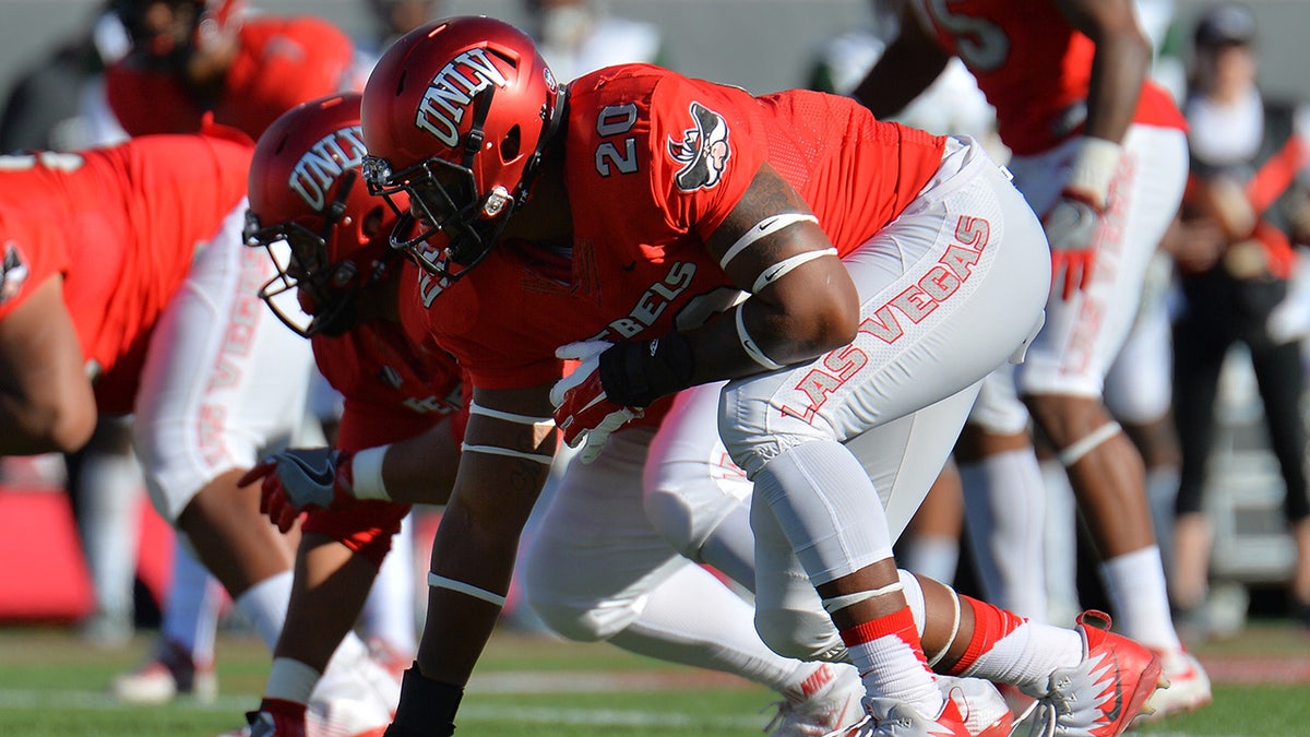 Jameer Outsey lines up during an UNLV game