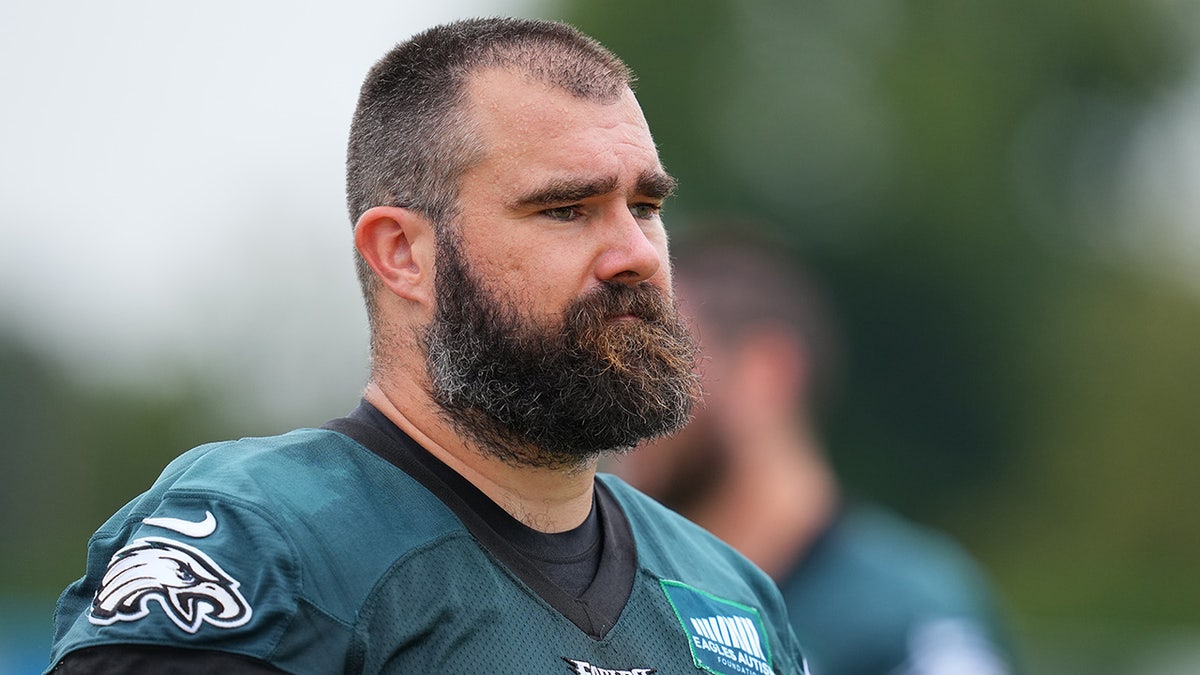 Jason Kelce looks on during training camp