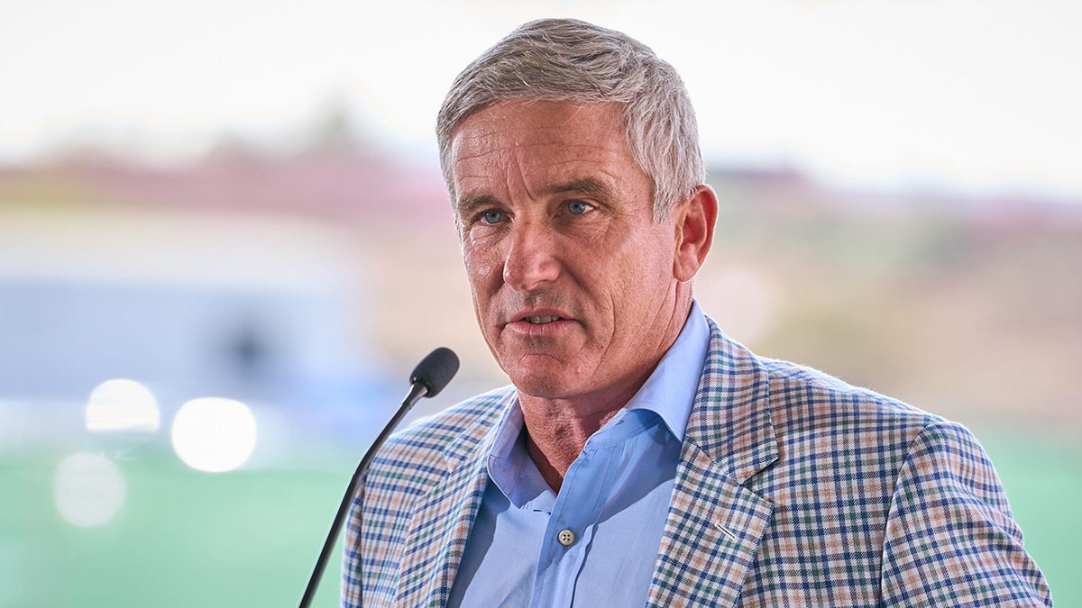 PGA Tour commissioner Jay Monahan addresses the crowd