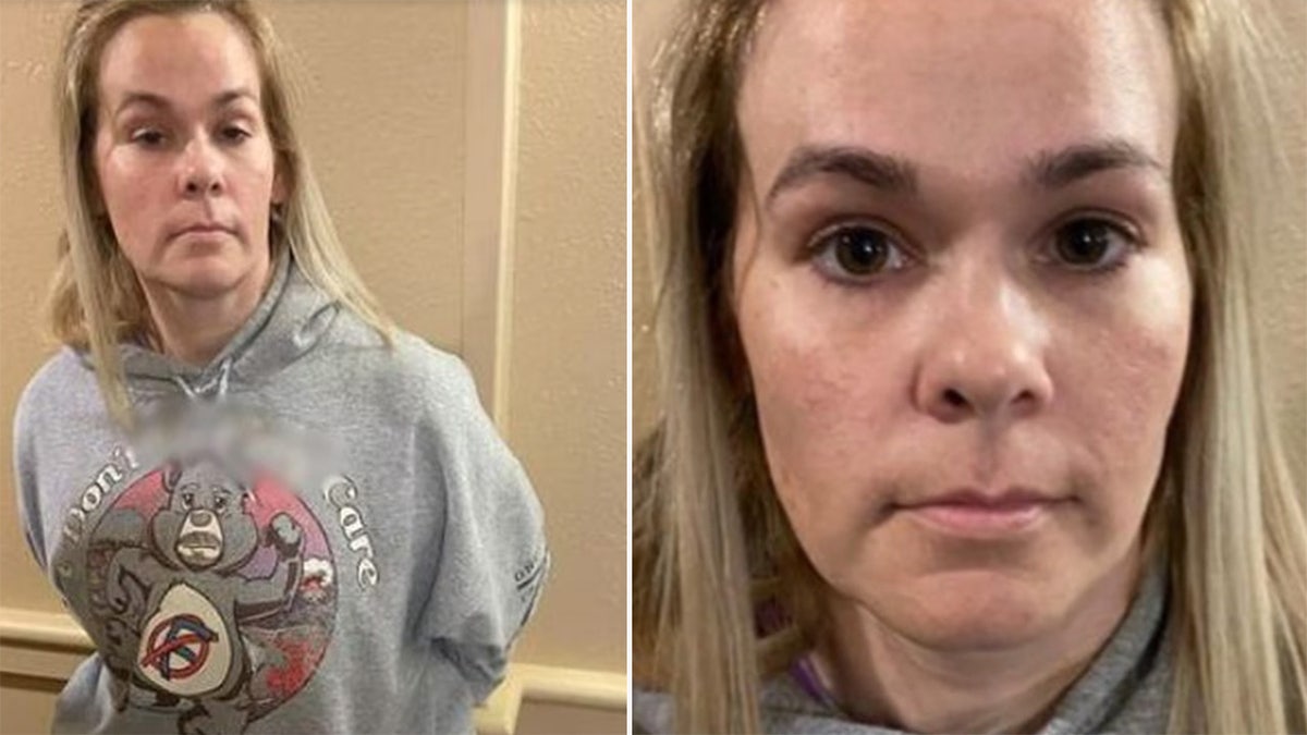 Jennifer Hall in hoodie in mug shot, left; close-up right