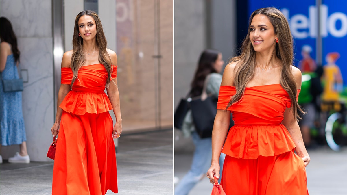 side by side photos - Jessica Alba in bright outfit wide shot and Jessica Alba medium shot