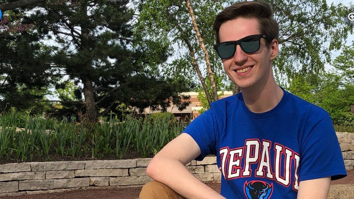 John Castic wears sunglasses and a DePaul Unversity T-shirt