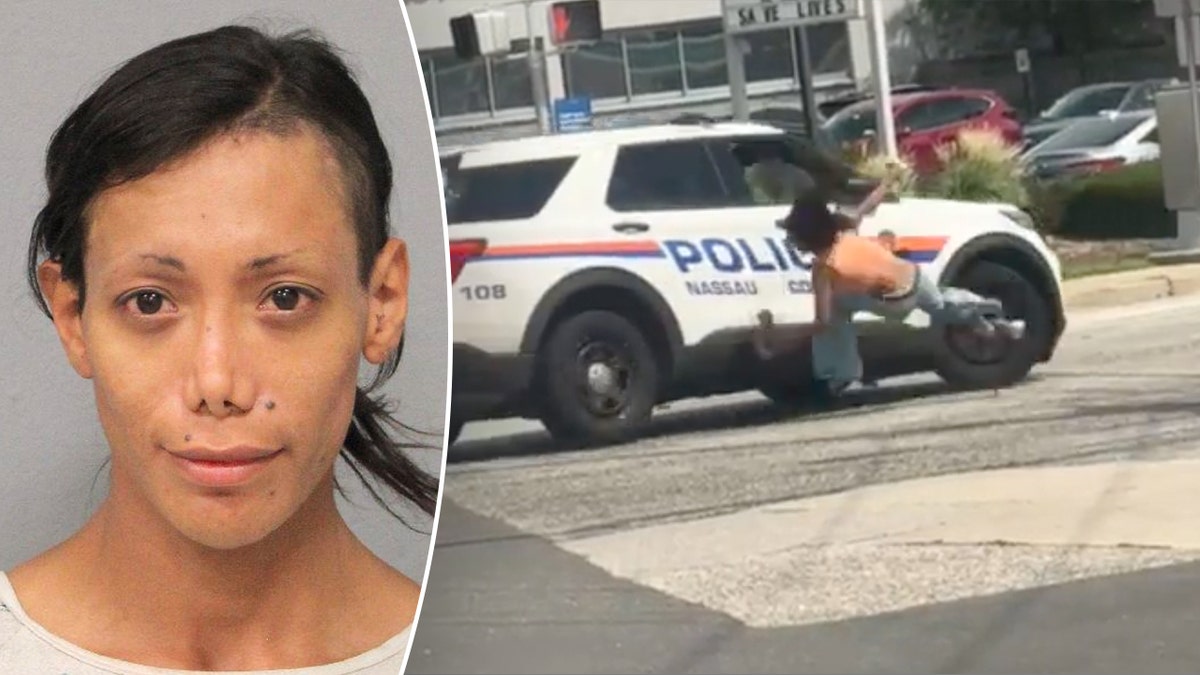 Kiber Calderon mug shot in split image with impact of Nassau police cruiser