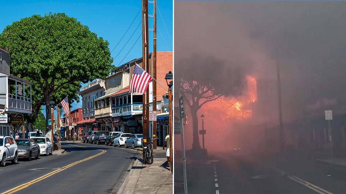 Split photo of before and after the wildfire destruction in Hawaii.