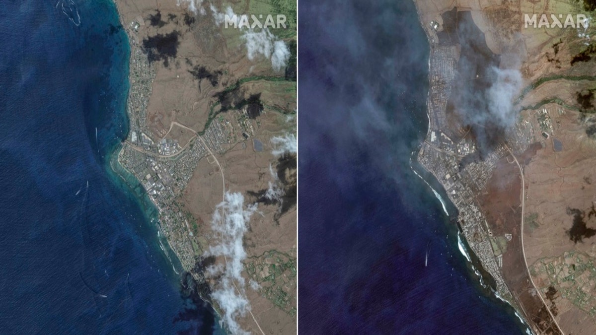 Satellite images provided by Maxar Technologies show an overview of Lahaina