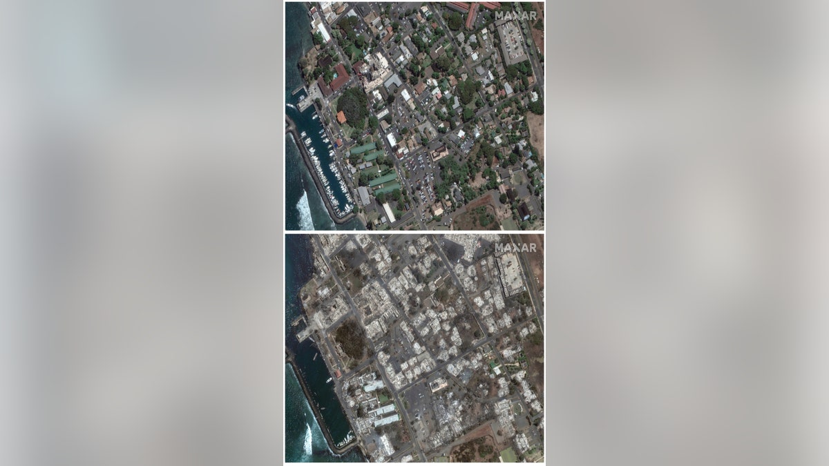 Satellite images provided by Maxar Technologies show an overview of Banyan Court in Lahaina