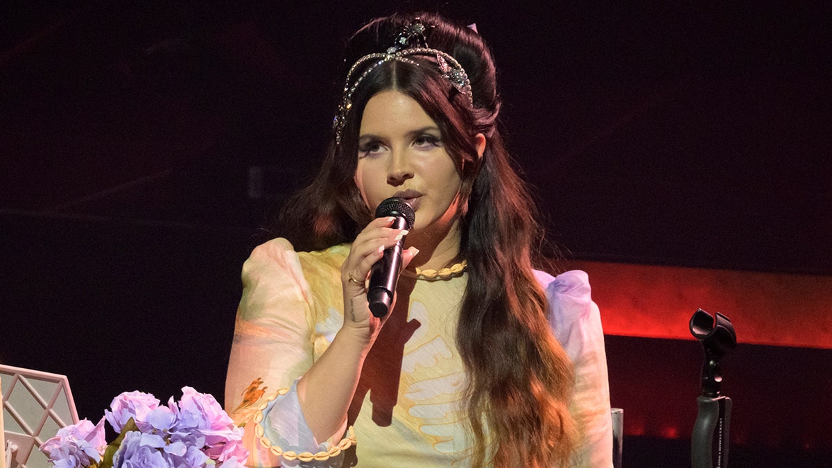 Lana Del Rey holds a microphone on stage