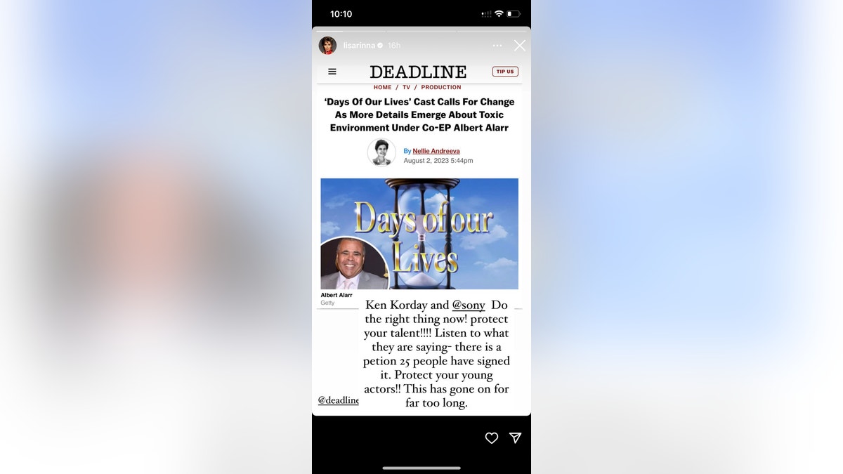 Screengrab of Lisa Rinna's instagram story about Days of Our Lives.