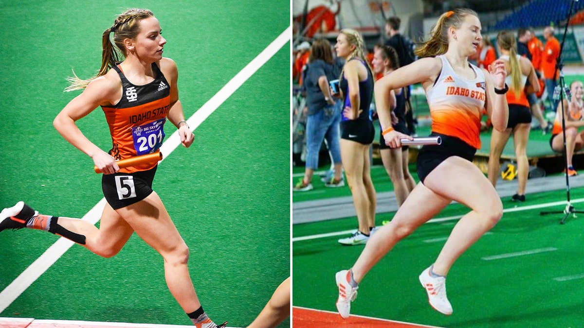 left-right split of track athletes carrying batons in relay races