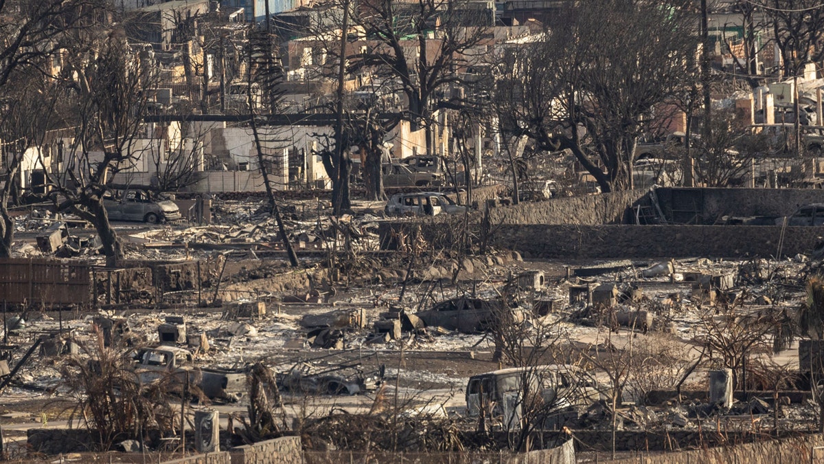 remains of a burned neighborhood in Maui after deadly wildfires