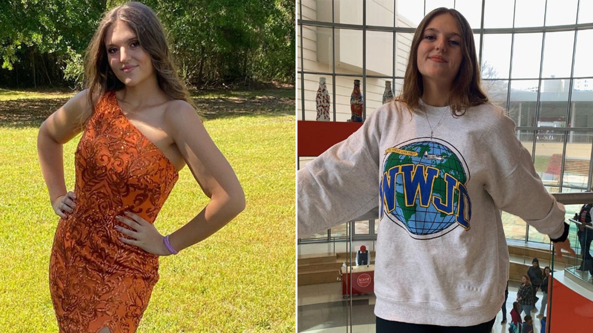 Split photo of Megan Ebenroth in an orange dress outside and in a WWJD sweatshirt with a globe inside
