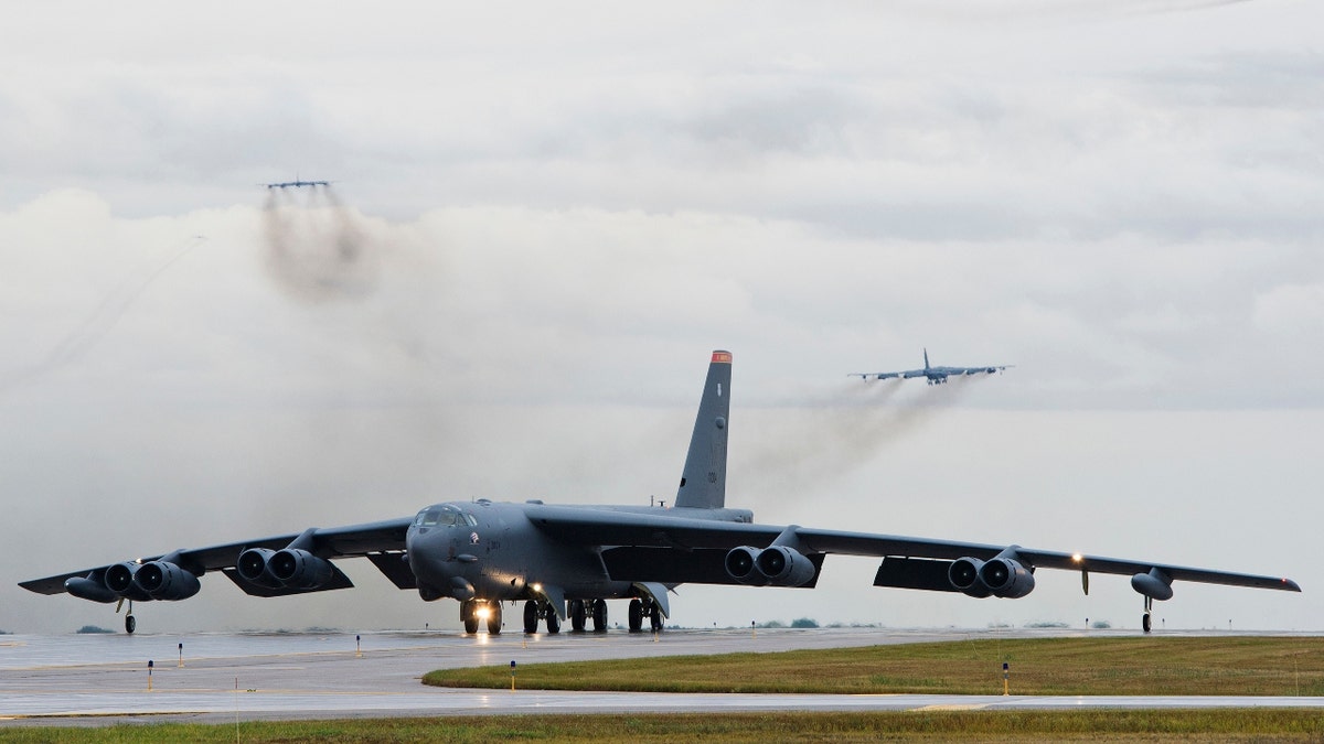 A B-52H Stratofortress taxis down the runway at Minot Air Force