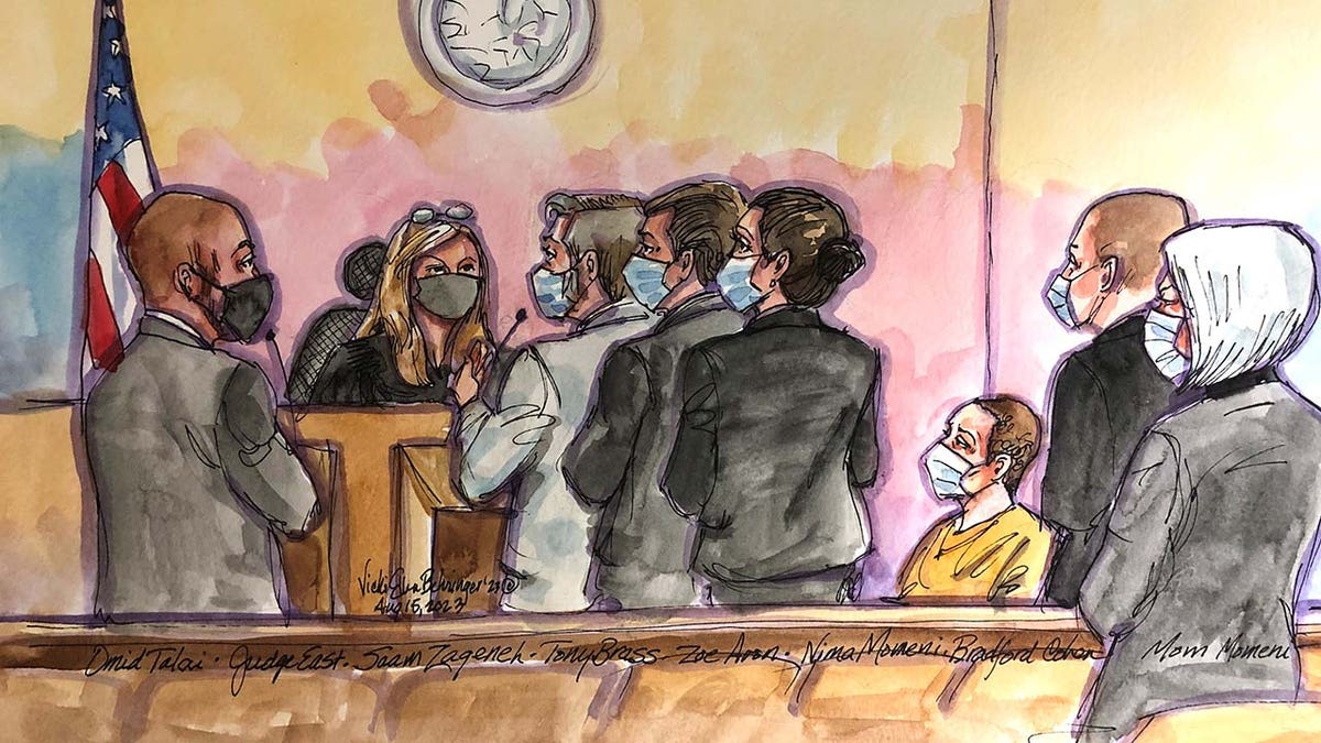 A court sketch depicts Nima Momeni’s arraignment in San Francisco