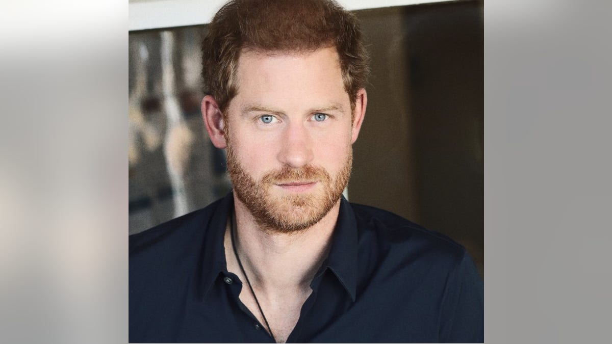 Close up of Prince Harry with thicker, darker hair than usual