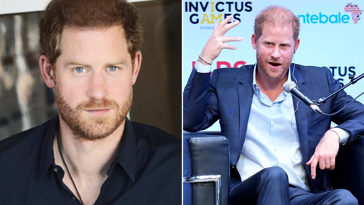 Split screen of Prince Harry from BetterUp website and Prince Harry on stage