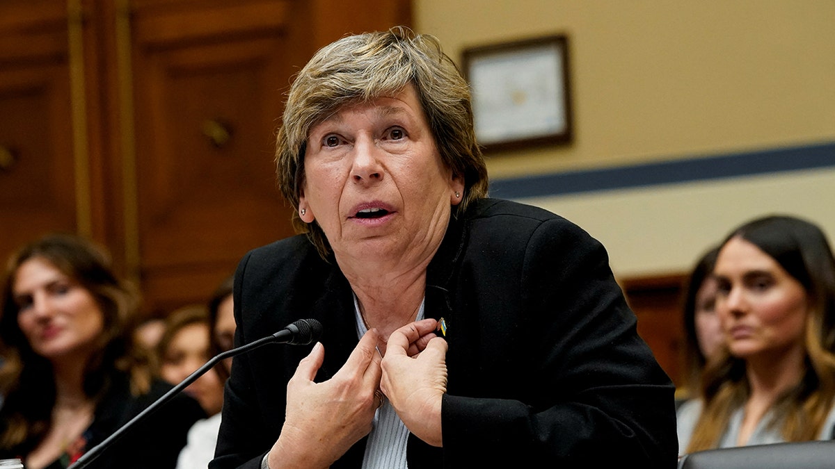 Randi Weingarten gesturing to herself