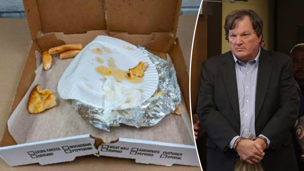 Image on left shows pizza box with partly eaten crust inside, right shows suspected serial killer Rex heuermann entering court wearing handcuffs, slacks, a buttondown shirt and a blazer