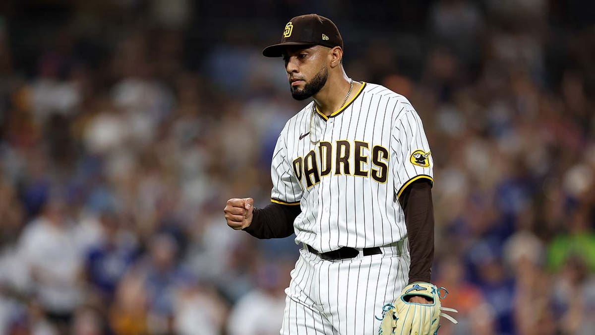 Robert Suarez reacts during a game