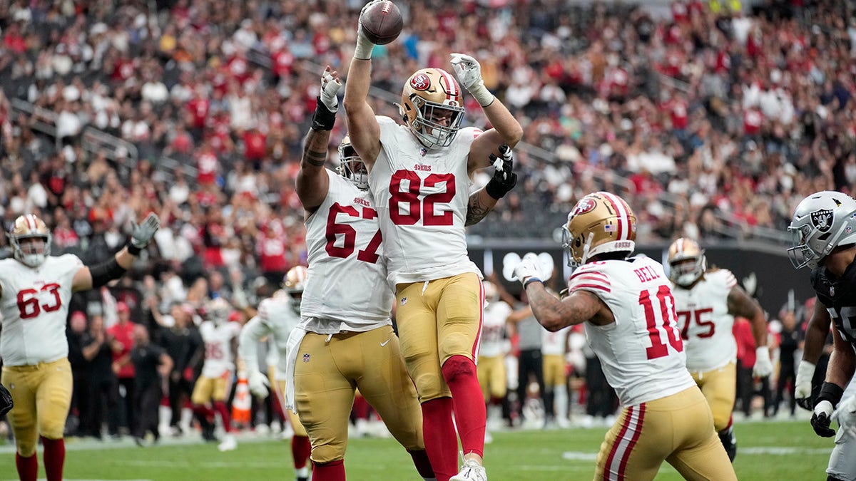 San Francisco 49ers tight end Ross Dwelley (82) during the first