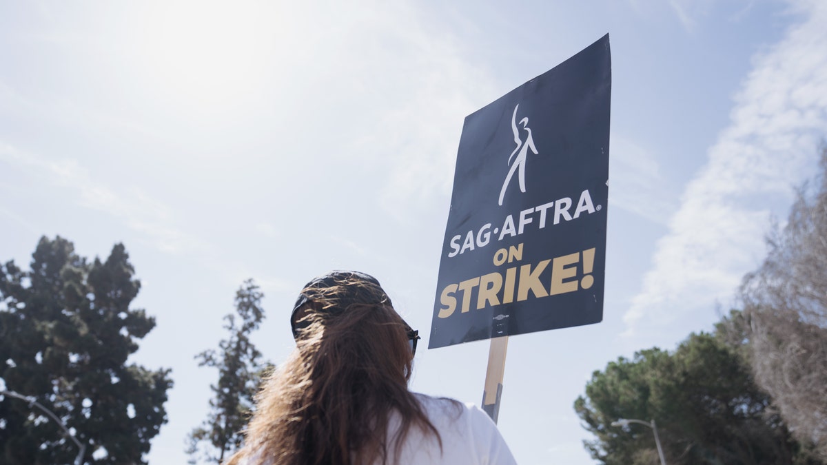 A SAG-AFTRA strike supporter holds a picket sign