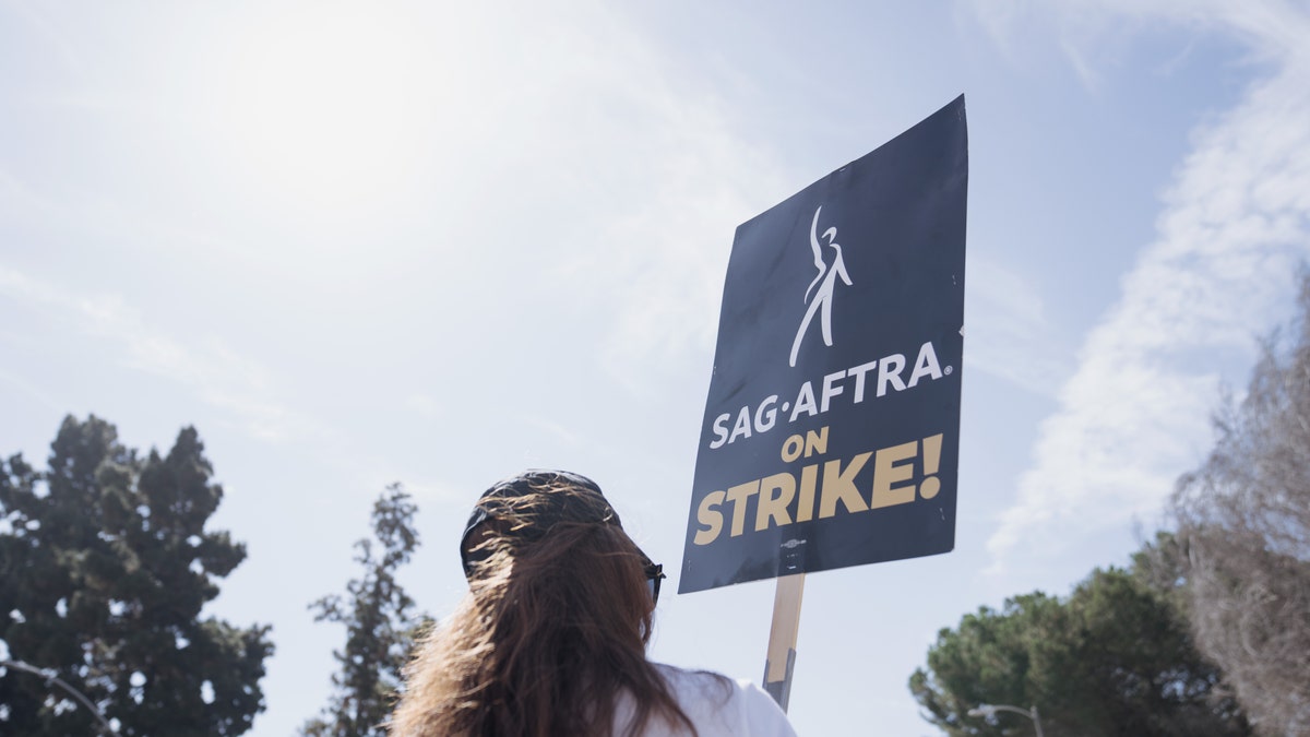 A SAG-AFTRA strike supporter holds a picket sign