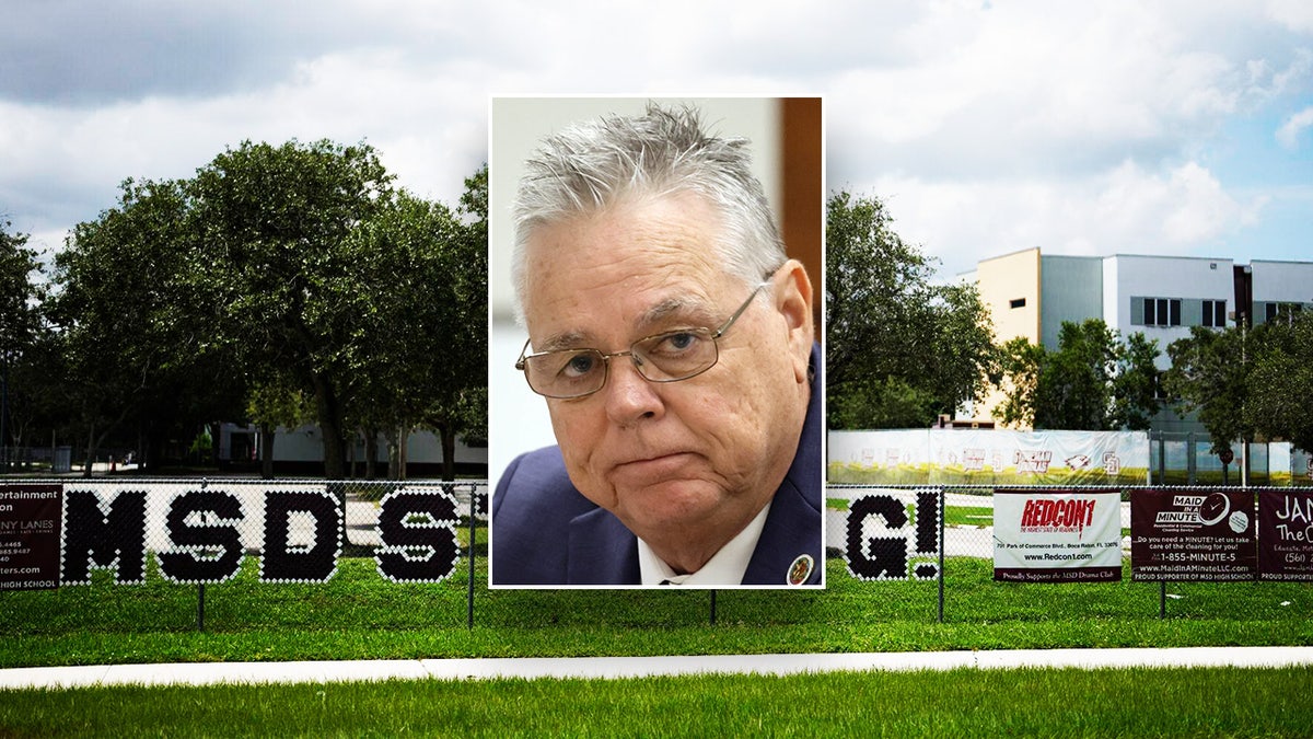 Scot Peterson inset over the Marjory Stoneman Douglas building where Nikolas Cruz opened fire.