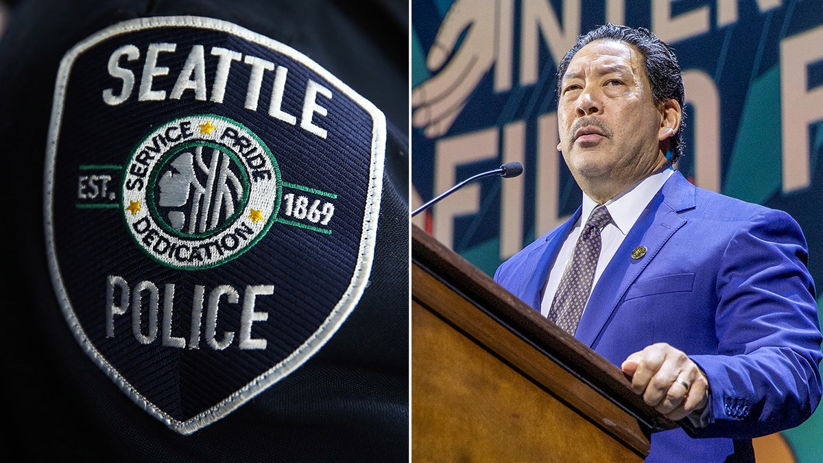 Seattle Police Department logo and Seattle Mayor Bruce Harrell at podium in royal blue suit
