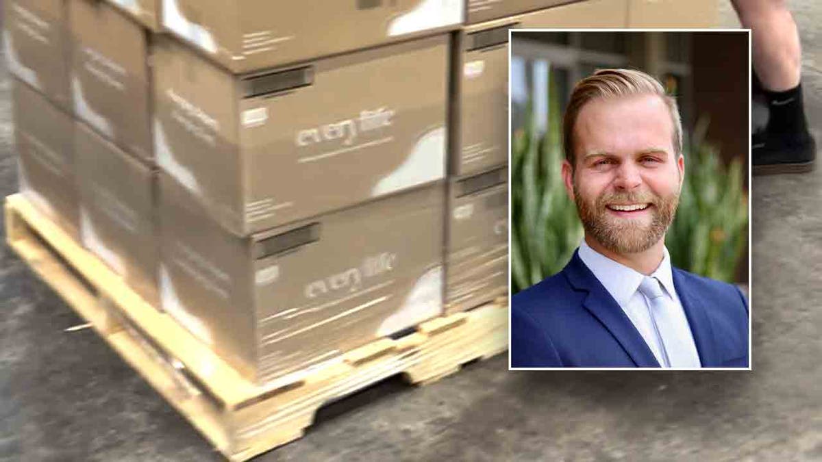 Picture of diapers on a crate prepared for shipping with an inset of a picture of Michael Seifert