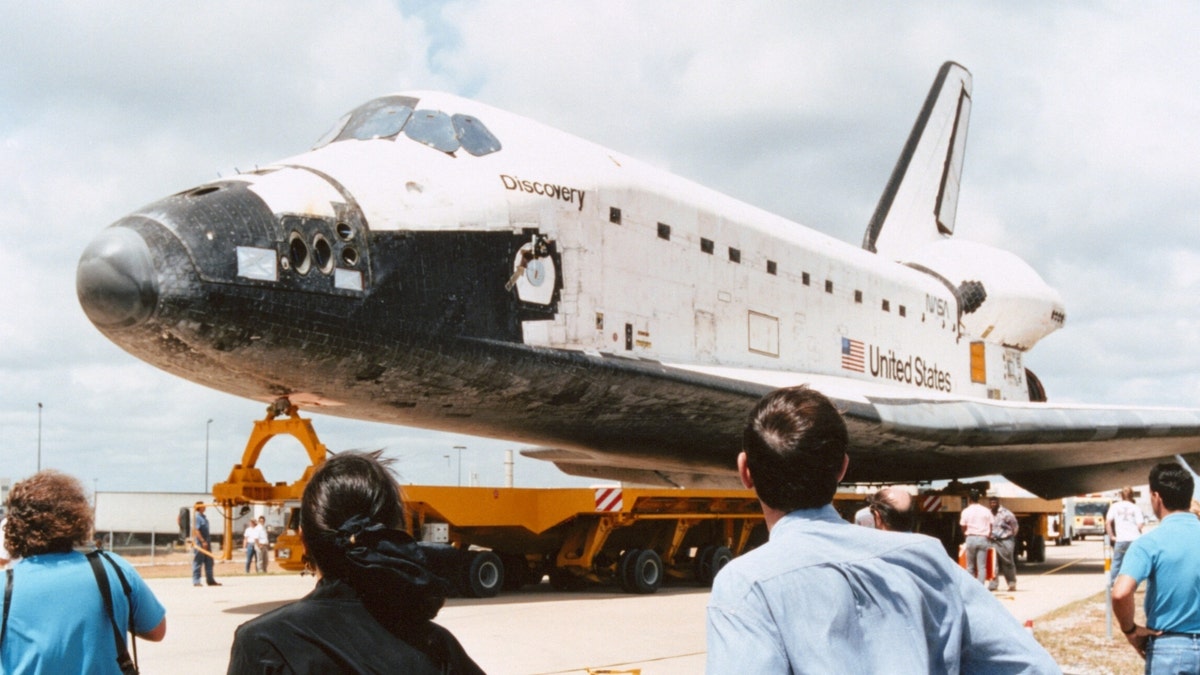 The orbiter Discovery is prepared for mission STS-51