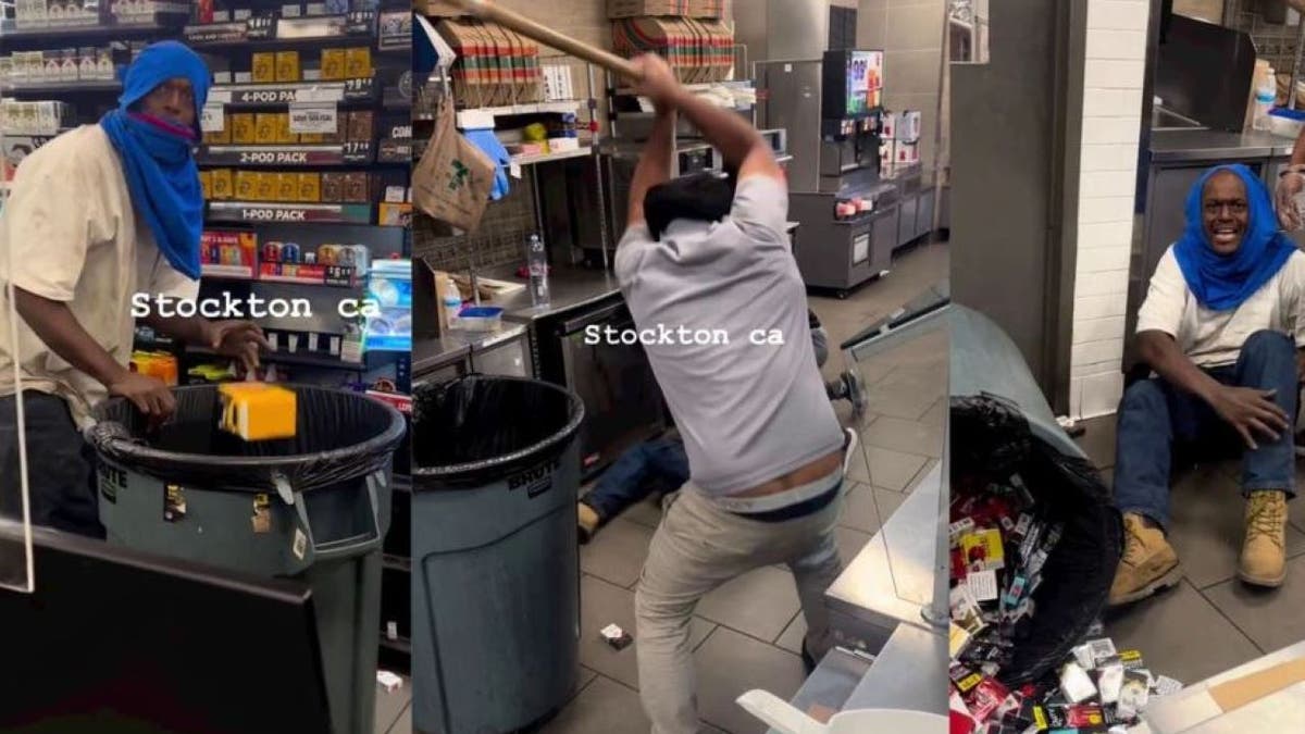 Stockton 7-Eleven employee swinging long stick at suspect