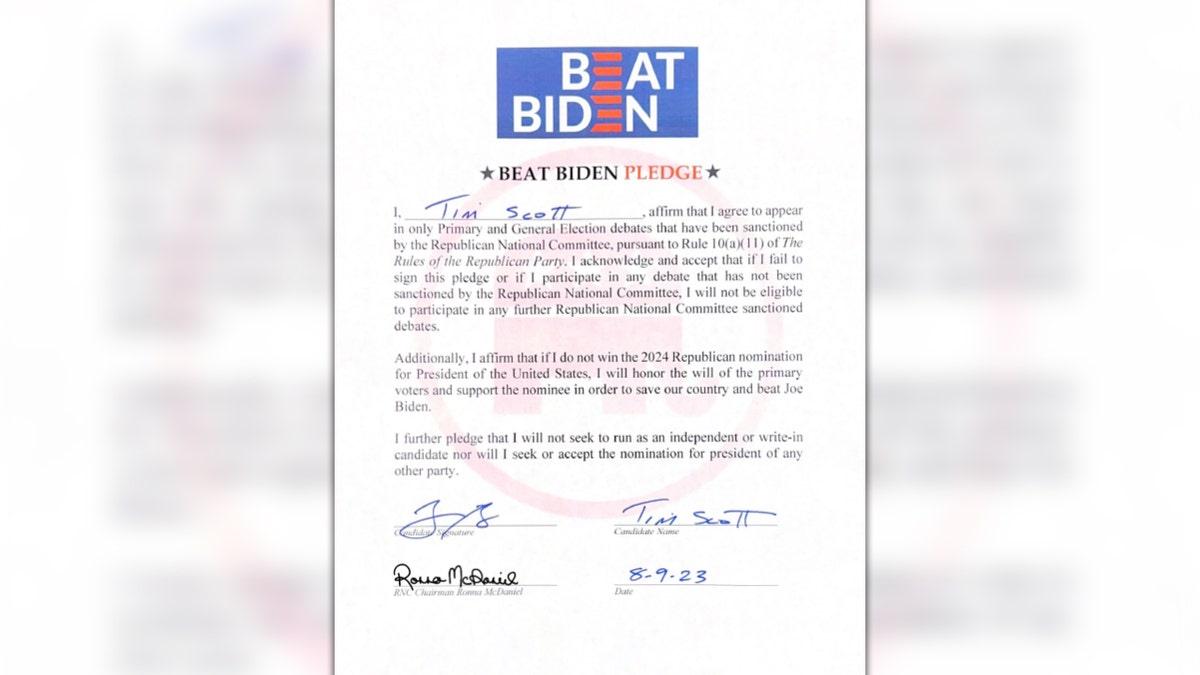 Tim Scott's signature on 'Beat Biden' pledge