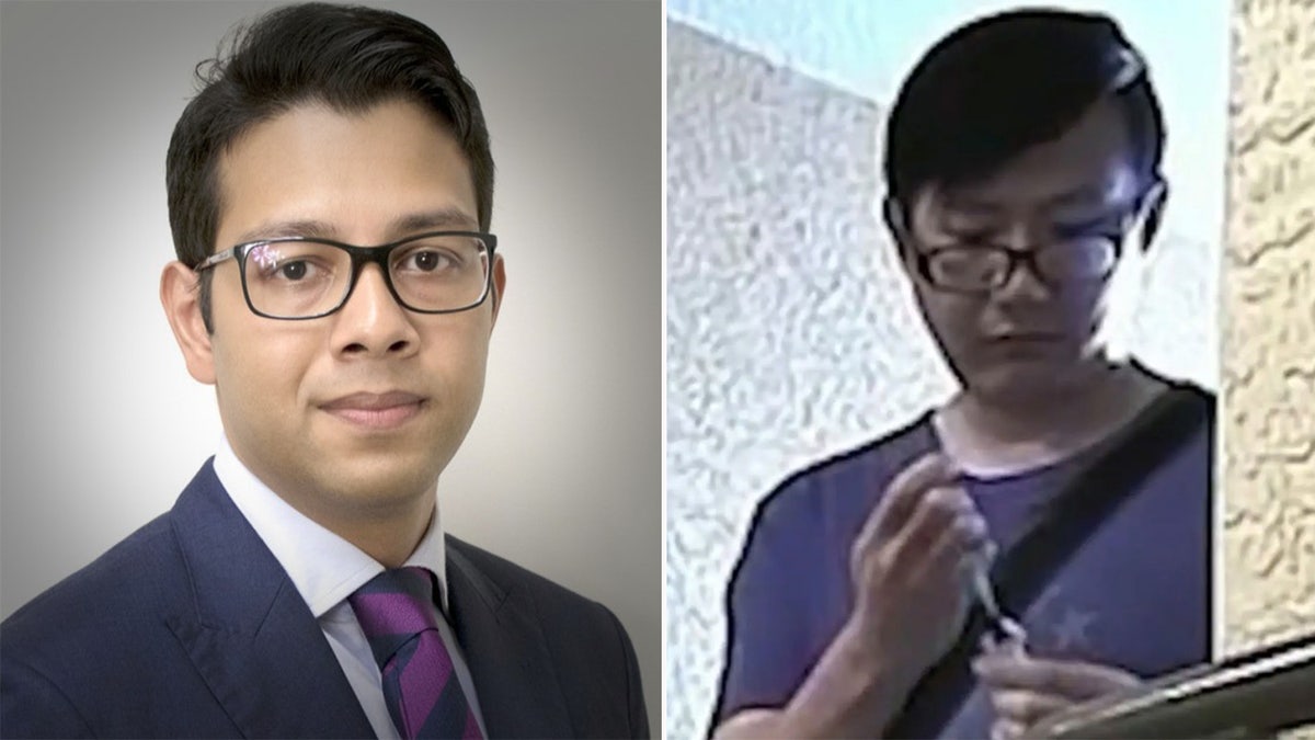 A headshot of Umar Abdullah next to a screenshot of Xumong Li holding a syringe outside his door.