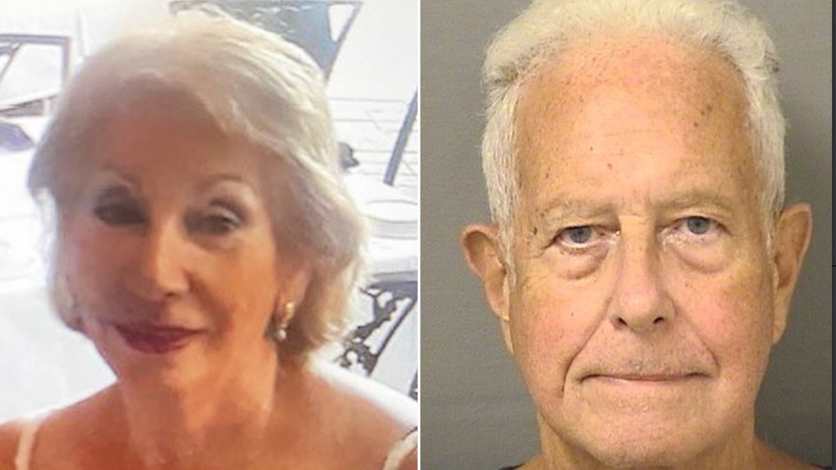 William Lowe booking photo next to picture of his gray-haired wife.