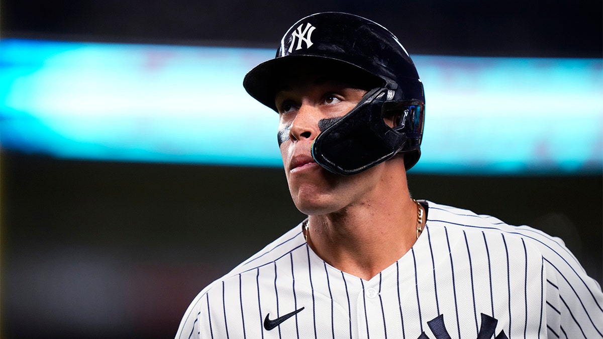 Aaron Judge reacts after flying out