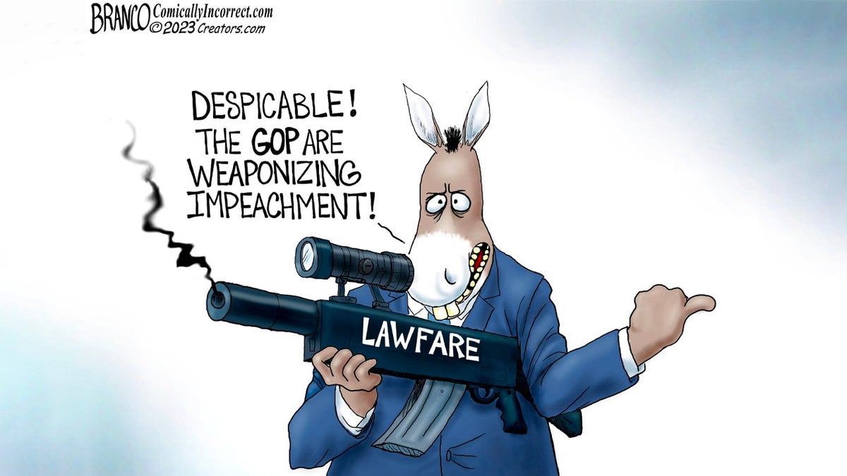 Political cartoon of donkey holding gun labeled 'lawfare'