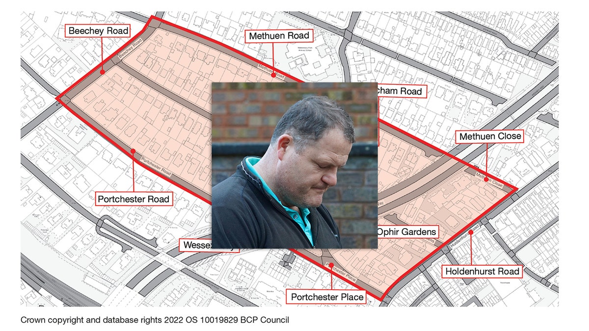 inset photo of praying man, larger image area map showing abortion clinic buffer zone