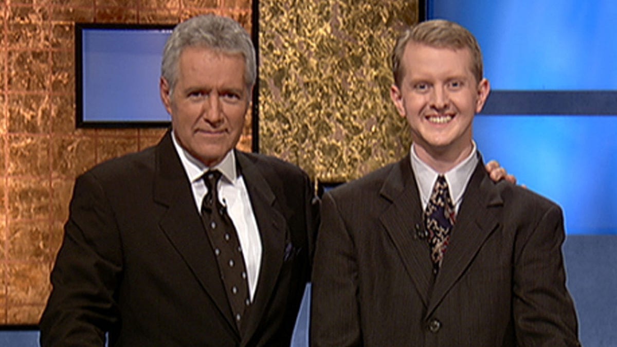 A photo of Alex Trebek and Ken Jennings