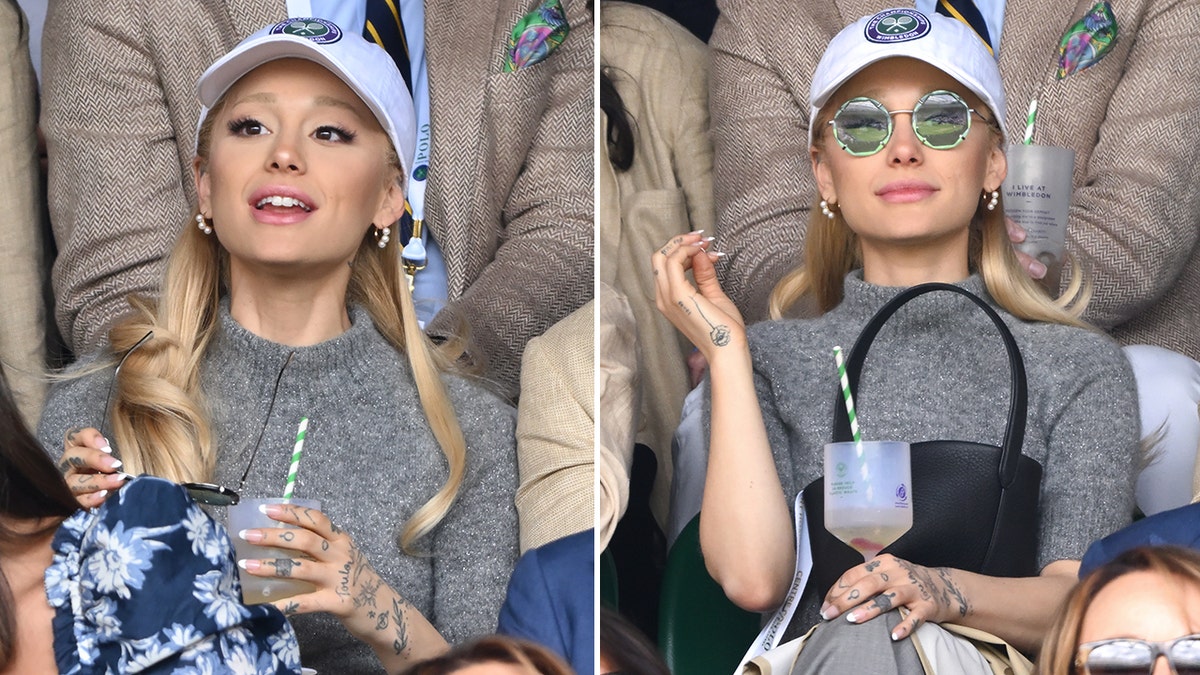 Ariana Grande wears grey sweater and white hat at Wimbledon tennis match