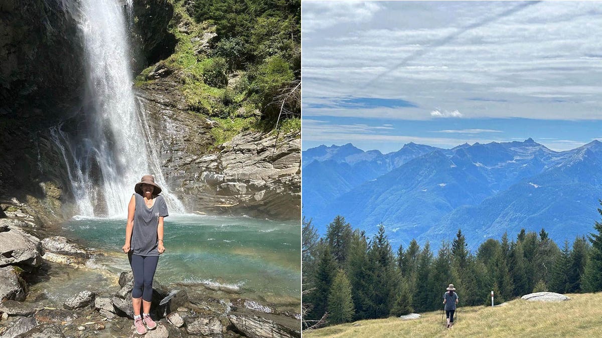 ashley judd under waterfall ashley judd hiking with trekking poles