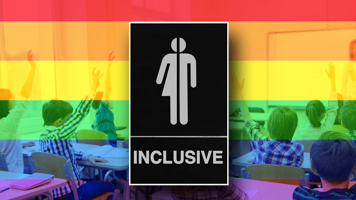A bathroom sign with the word "inclusive" over a rainbow background picture of a classroom full of kids