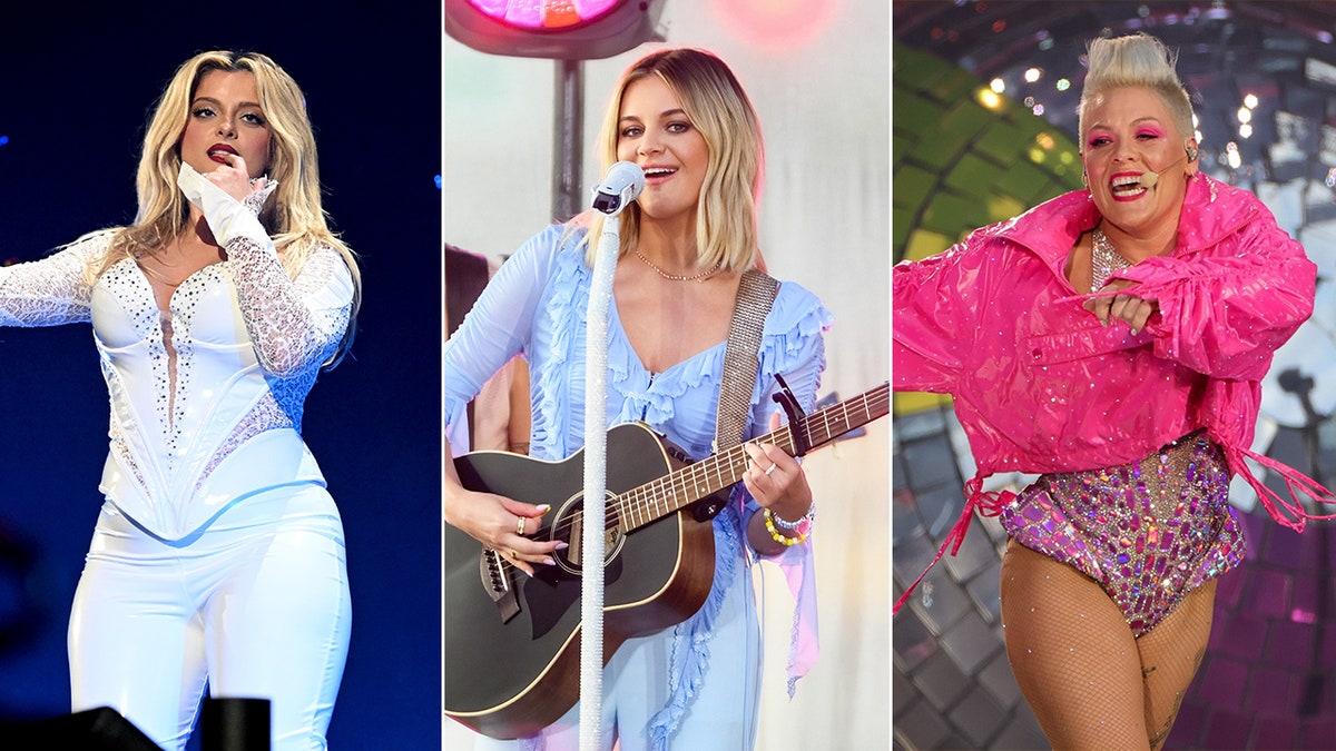 Bebe Rexha in a white set performs on stage split Kelsea Ballerini in a light blue dress plays guitar on stage split Pink in a hot pink jacket performs on stage