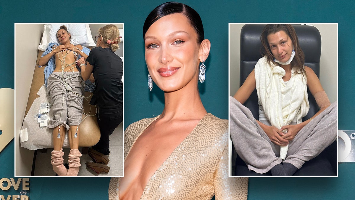 Bella Hadid on the red carpet in a gold plunging dress with two pictures on opposite sides, showing her hooked up to wires covering her bare chest and sitting in a medical chair with a bandage around her arm