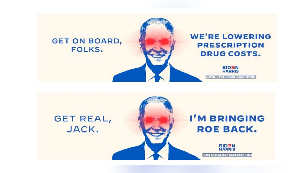 Biden Harris billboards on drug costs and "bringing roe back"